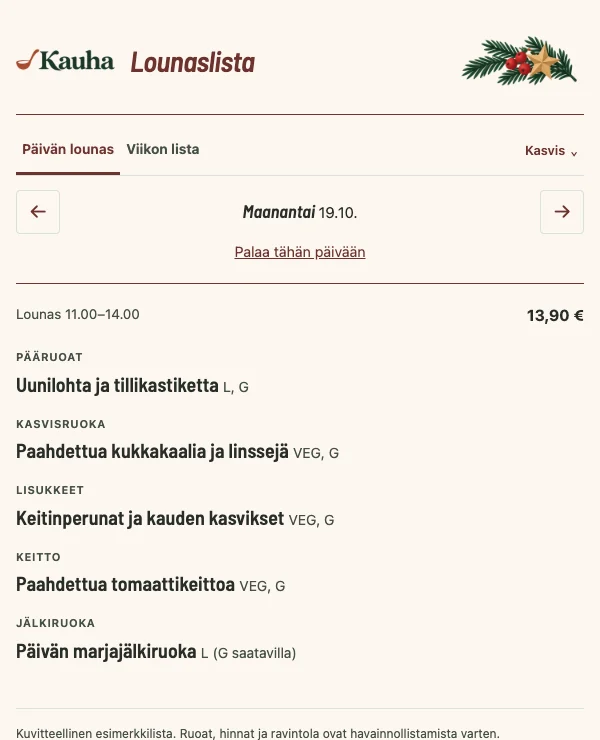 Kauha-esimerkkilista: Joulubistro